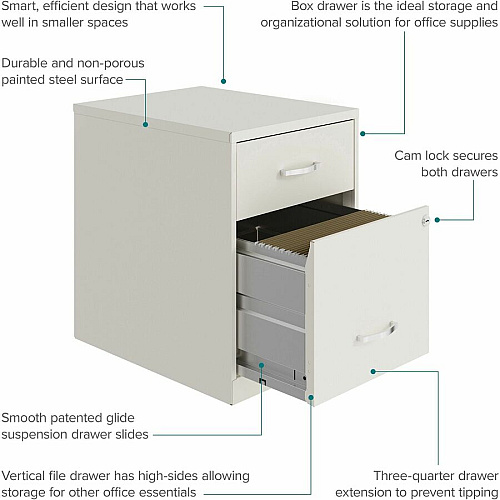 NuSparc File Cabinet 14.2" Width x 18" Depth x 19" Height - 2 x Drawer(s) for File, Box - Letter - Vertical - Locking Drawer, Glide Suspension, Nonporous Surface - White - Baked Enamel - Steel (VF218GAWE)