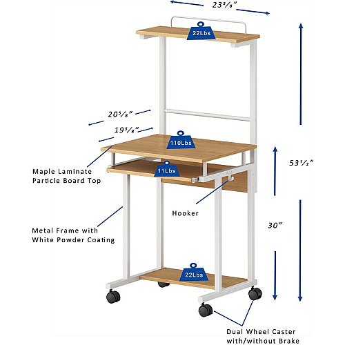 NuSparc Mobile Computer Workstation w/Keybrd Tray Maple, White Top - 110 lb Capacity - 23.60" Table Top Width x 20.60" Table Top Depth - 53.50" Height - Assembly Required - Medium Density Fiberboard (MDF) Top Material - 1 Each (WS100AMME)