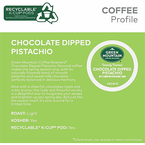 Green Mountain Coffee Roasters&reg; K-Cup Chocolate Dipped Pistachio Coffee Compatible with Keurig Brewer - Smooth - K-Cup, Pod - Chocolate Dipped Pistachio - Kosher - 24 / Box (0158)
