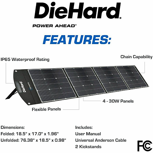 DieHard 120-Watt Solar Panel for Portable Power Station x 31.5" Width x 10.5 ft Depth - Rich Black - 1 Each (DH2000501)