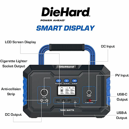 DieHard 1000-Watt Lithium-ion Portable Power Station/Solar Generator Lithium Ion (Li-Ion) - Rich Black (DH2000301)