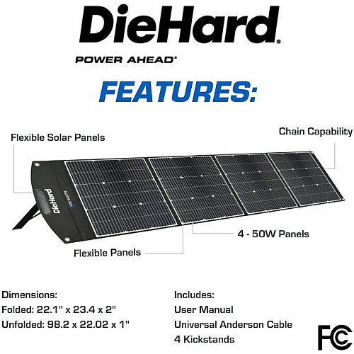 DieHard 200-Watt Solar Panel for Portable Power Station x 31.5" Width x 10.5 ft Depth - Rich Black - 1 Each (DH2000601)