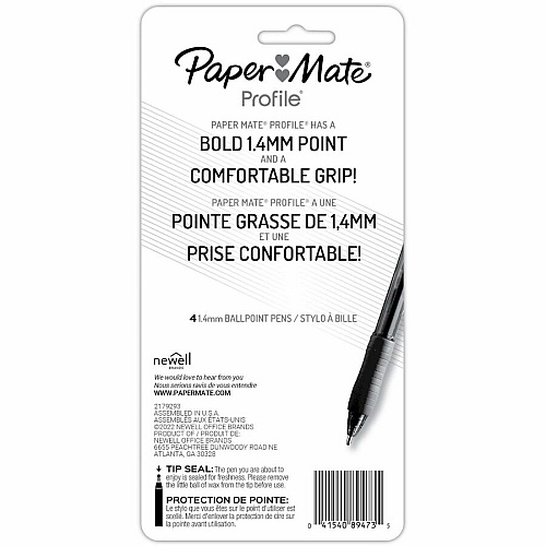 Paper Mate Profile Ballpoint Pen 1.4 mm Super Bold Pen Point - Retractable - Assorted Ink - Black, Blue, Red, Purple Barrel - 4 / Pack (1938165)