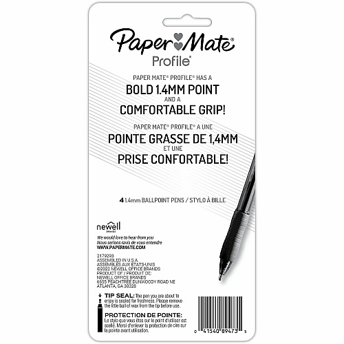 Paper Mate Profile Ballpoint Pen 1.4 mm Super Bold Pen Point - Retractable - Assorted Ink - Black, Blue, Red, Purple Barrel - 4 / Pack (1938165)