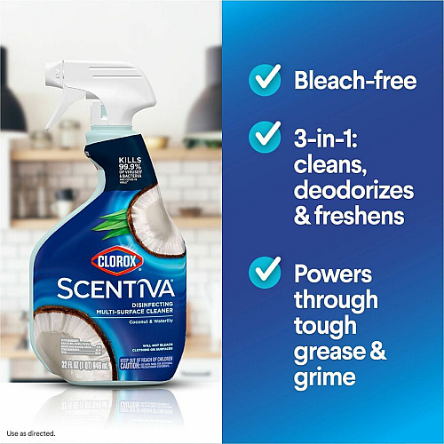 Clorox Scentiva Multi-Surface Cleaner For Multi Surface, Home, Multipurpose - Spray - 32 fl oz (1 quart) - Coconut & Water Lily Scent - Bleach-free, Disinfectant, Long Lasting, Freshen, Deodorize - Blue - 1 Each (60521)