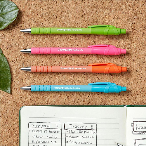 Paper Mate Flexgrip Ultra Recycled Pens 1 mm Medium Pen Point - Retractable - Black Ink - Green Rubberized, Pink, Orange, Blue, Assorted Barrel - 4 / Pack (2202864)