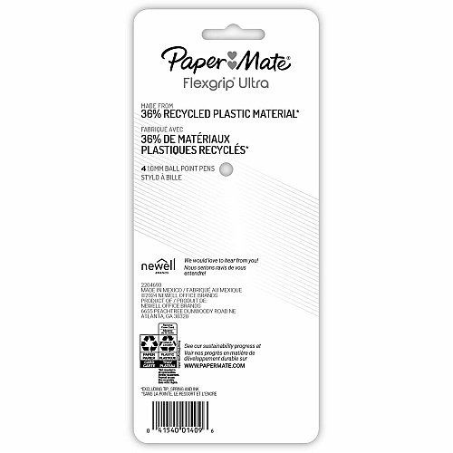 Paper Mate Flexgrip Ultra Recycled Pens 1 mm Medium Pen Point - Retractable - Black Ink - Green Rubberized, Pink, Orange, Blue, Assorted Barrel - 4 / Pack (2202864)