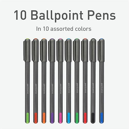 Pentonic Ballpoint Pen Set 1 mm Pen Point - Assorted Ink - Nickel Silver Tip - 10 / Pack (PEN12199)