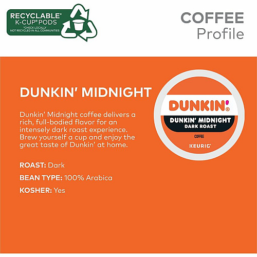 Dunkin Donuts Dunkin'&reg; K-Cup Midnight Coffee Compatible with Keurig Brewer - Dark - K-Cup - Dunkin' Midnight - Kosher - 22 / Box (0316)