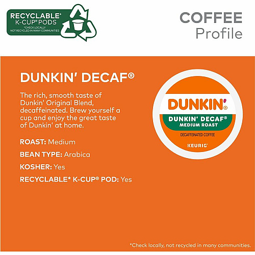 Dunkin Donuts Dunkin'&reg; K-Cup Decaf Coffee Compatible with Keurig Brewer - Medium - K-Cup - Decaf - Kosher - Decaffeinated - 22 / Box (0317)