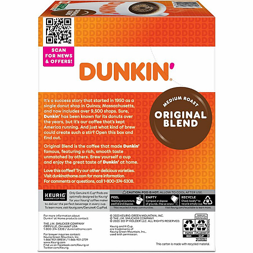 Dunkin Donuts Dunkin'&reg; K-Cup Original Blend Coffee Compatible with Keurig Brewer - Medium - K-Cup - Original - Kosher - 22 / Box (0315)