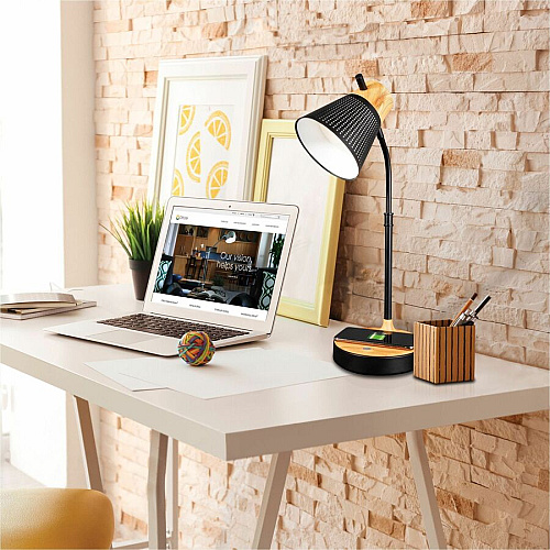 OttLite Wireless Charging LED Table Lamp LED Bulb - Wireless Charging, Adjustable Shade, ClearSun LED, Adjustable Brightness, Color Changing Mode - Faux Wood - Desk Mountable - Black - 1 Each (CSAQA4K9SHPR)