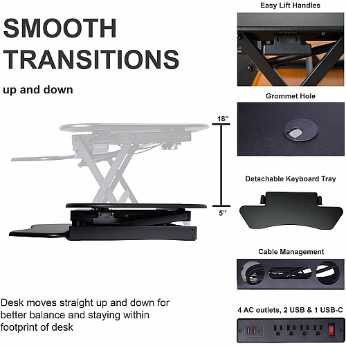 Rocelco CADR-46 Corner Sit-to-Stand Desk Riser 40 lb Load Capacity - 23.20" Height x 45.50" Width - Desk - Black - For Monitor, Notebook, Keyboard - Extendable, Ergonomic, Keyboard Tray, Handle, Grommet, Cable Management, Built-in USB Port, El (RCADRB46A)
