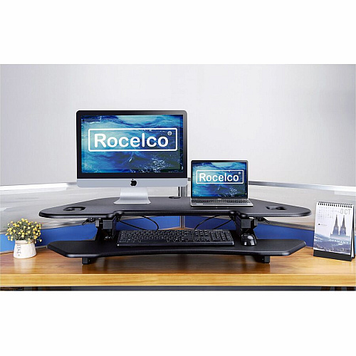 Rocelco CADR-46 Corner Sit-to-Stand Desk Riser 40 lb Load Capacity - 23.20" Height x 45.50" Width - Desk - Black - For Monitor, Notebook, Keyboard - Extendable, Ergonomic, Keyboard Tray, Handle, Grommet, Cable Management, Built-in USB Port, El (RCADRB46A)