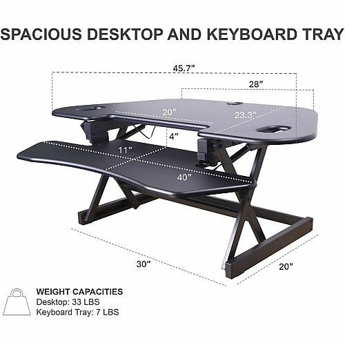 Rocelco CADR-46 Corner Sit-to-Stand Desk Riser 40 lb Load Capacity - 23.20" Height x 45.50" Width - Desk - Black - For Monitor, Notebook, Keyboard - Extendable, Ergonomic, Keyboard Tray, Handle, Grommet, Cable Management, Built-in USB Port, El (RCADRB46A)
