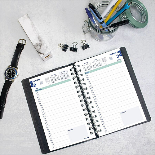 Rediform Plan and Link Daily Appointment Planner Daily - 12 Month - January 2025 to December 2025 - 7:00 AM to 7:30 PM - Half-hourly - 1 Day Single Page Layout - 5" x 8" Sheet Size - Twin Wire - Black - Reference Month, Holiday Listing, Moon Ph (C1504W81)