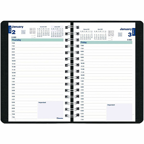 Rediform Plan and Link Daily Appointment Planner Daily - 12 Month - January 2025 to December 2025 - 7:00 AM to 7:30 PM - Half-hourly - 1 Day Single Page Layout - 5" x 8" Sheet Size - Twin Wire - Black - Reference Month, Holiday Listing, Moon Ph (C1504W81)