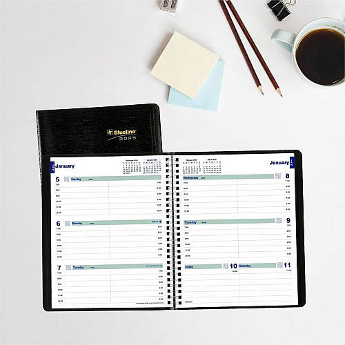 Rediform Plan and Link Weekly Appointment Planner Weekly - 12 Month - January 2025 to December 2025 - 7:00 AM to 8:45 PM - 1 Week Double Page Layout - 7 1/4" x 9 1/4" Sheet Size - Twin Wire - Black - Moon Phases, Reference Month, Durable, Flexi (C527581T)