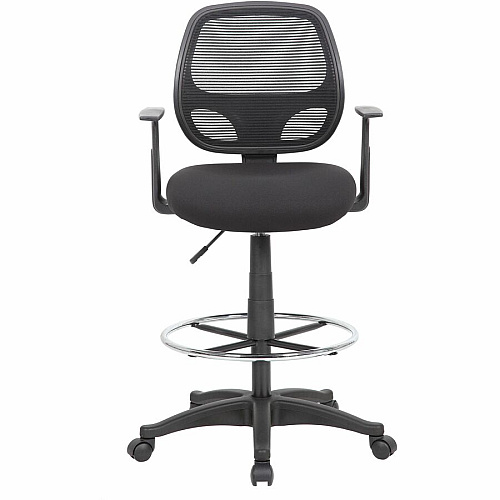 Boss Commercial-Grade Mesh Back Stool High Density Foam (HDF), Fabric Seat Material - Mesh Back Material - 5-star Base - Black - Chrome - Armrest - 1 Each (16606)
