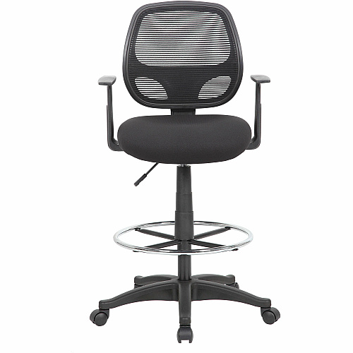 Boss Commercial-Grade Mesh Back Stool High Density Foam (HDF), Fabric Seat Material - Mesh Back Material - 5-star Base - Black - Chrome - Armrest - 1 Each (16606)