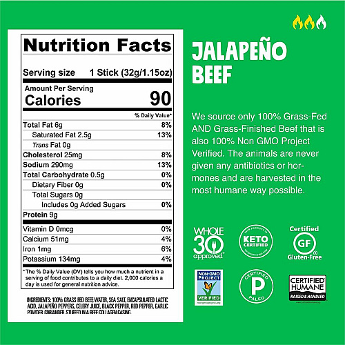 CHOMPS Chomplings Snack Sticks Gluten-free, No MSG, Preservative-free, Dairy-free, Low Sodium, Low Fat - Jalapeno, Beef - 1.15 oz - 24 / Pack (CJ24)
