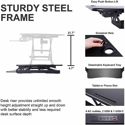 Rocelco Electric Desk Riser 40 lb Load Capacity - 46" Width - Desk - Black - For Tablet, Smartphone - Lift Mechanism, Electric Lift, Grommet, Keyboard Tray, Built-in USB Port, Electrical Outlet - 1 Each (REDRB46)