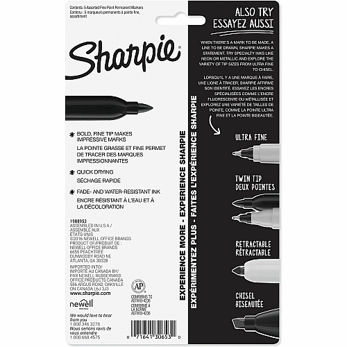 Sanford Fine Point Permanent Marker Fine Marker Point - Assorted Ink - 5 / Pack (30653PPA)