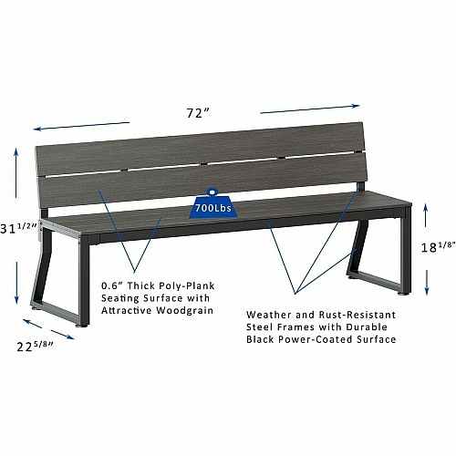 Lorell Faux Wood Outdoor Bench 17.8" Height x 72" Width x 17.8" Depth - Material: Faux Wood, Polystyrene - Finish: Gray - Sturdy, Easy to Clean - For Outdoor (LLR42670)