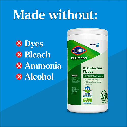 CloroxPro&trade; EcoClean Disinfecting Wipes For Multi Surface, Multipurpose - Ready-To-Use - Wipe - Disinfectant, Dye-free, Bleach-free, Ammonia-free - Green - 75 Each (60605)