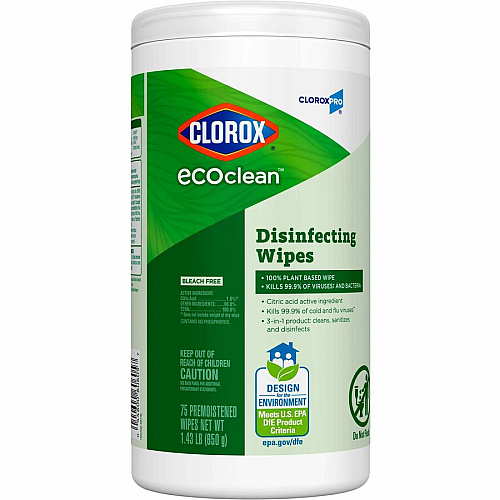 CloroxPro&trade; EcoClean Disinfecting Wipes For Multi Surface, Multipurpose - Ready-To-Use - Wipe - Disinfectant, Dye-free, Bleach-free, Ammonia-free - Green - 75 Each (60605)