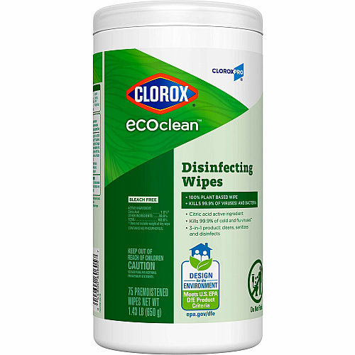 CloroxPro&trade; EcoClean Disinfecting Wipes For Multi Surface, Multipurpose - Ready-To-Use - Wipe - Disinfectant, Dye-free, Bleach-free, Ammonia-free - Green - 75 Each (60605)