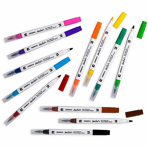 Zebra Pen Doodler'z Dual Brush Pen Bullet, Brush Pen Point - Assorted Ink - Water Based - 12 / Pack (61002)