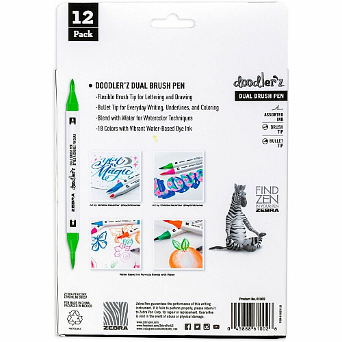 Zebra Pen Doodler'z Dual Brush Pen Bullet, Brush Pen Point - Assorted Ink - Water Based - 12 / Pack (61002)
