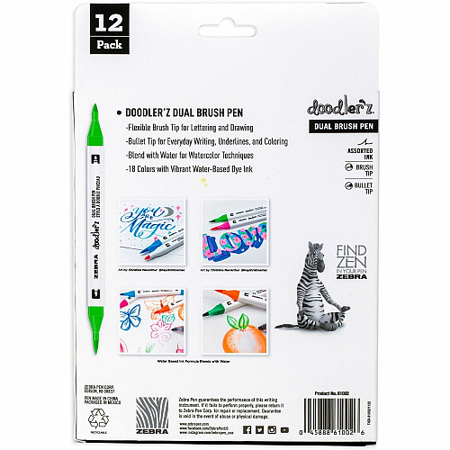 Zebra Pen Doodler'z Dual Brush Pen Bullet, Brush Pen Point - Assorted Ink - Water Based - 12 / Pack (61002)