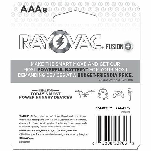 Rayovac Fusion Battery For Microphone, Video Game Controller, Toy, Headset, Remote Control Aircraft, High Drain Device - AAA - 8/Pack - 4 / Carton (8248TFUS1CT)