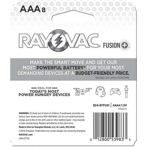 Rayovac Fusion Battery For Microphone, Video Game Controller, Toy, Headset, High Drain Device, Remote Control Aircraft - AAA - 8 / Pack (8248TFUS1)