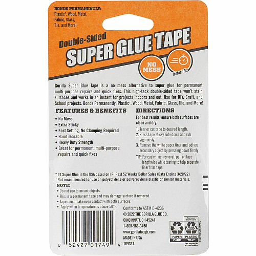 Gorilla Glue Super Glue Tape Clear - For Multipurpose, Indoor, Outdoor, Craft Project, School, Plastic, Wood, Metal - 1 Each (109340)