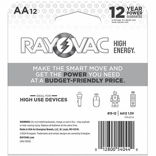 Rayovac Alkaline AA Batteries For Flashlight, Mouse, Remote Control, Household - AA - 12 / Pack (81512T)