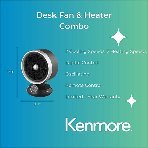 ESM Desk Fan & Heater Combo 2 x Heat Settings - Remote Control - Oscillation - Office, Room, Kitchen - Desk - Black (KM60079BK)