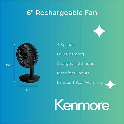 ESM 6" Rechargeable Fan 4 Speed - Rechargeable, Lightweight, Quiet Operation - Black (KM60002BK)