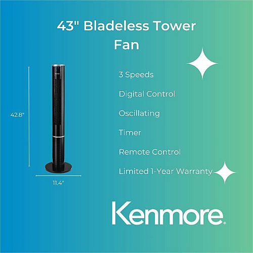 ESM Bladeless Tower Fan 3 Speed - Bladeless, Oscillating, Timer, Energy Efficient - Black (KM60018BK)