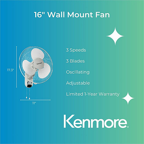 ESM 16" Wall Fan 3 Speed - Oscillating, Adjustable - White (KM60050WH)