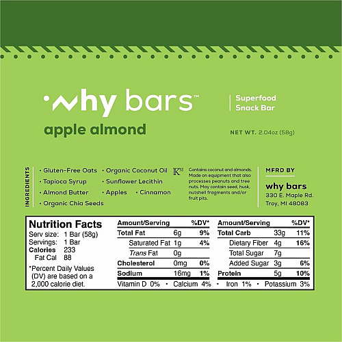 Why Bars Superfood Protein Snack Bars Gluten-free, Dairy-free, Soy-free, Non-GMO, Individually Wrapped - Apple Almond - 2.04 oz - 12 / Pack (WB3)