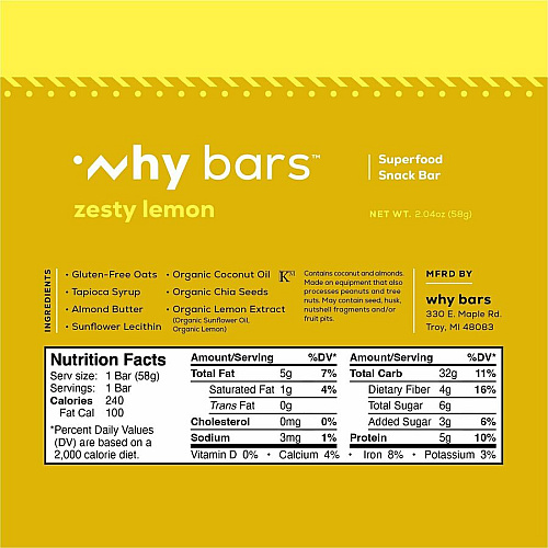 Why Bars Superfood Protein Snack Bars Gluten-free, Dairy-free, Soy-free, Non-GMO, Individually Wrapped - Zesty Lemon - 2.04 oz - 12 / Pack (WB7)