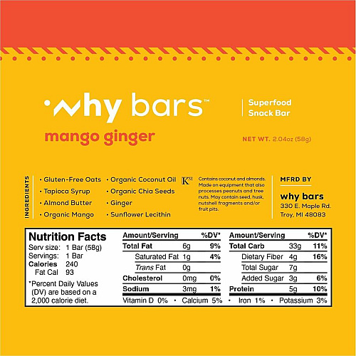 Why Bars Superfood Protein Snack Bars Gluten-free, Dairy-free, Soy-free, Non-GMO, Individually Wrapped - Mango Ginger - 2.04 oz - 12 / Pack (WB5)