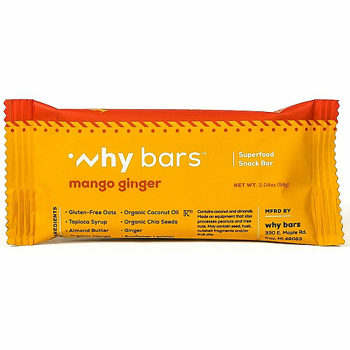 Why Bars Superfood Protein Snack Bars Gluten-free, Dairy-free, Soy-free, Non-GMO, Individually Wrapped - Mango Ginger - 2.04 oz - 12 / Pack (WB5)
