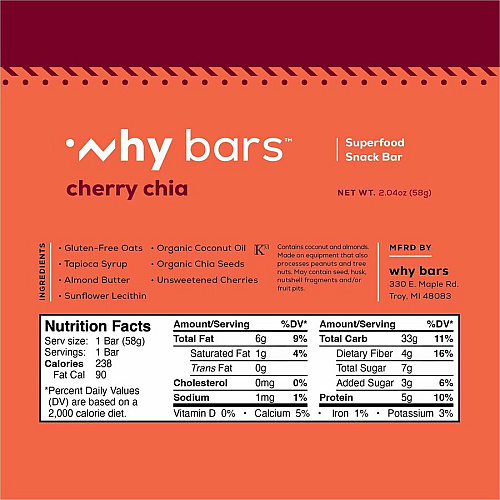 Why Bars Superfood Protein Snack Bars Gluten-free, Dairy-free, Soy-free, Non-GMO, Individually Wrapped - Cherry Chia - 2.04 oz - 12 / Pack (WB4)