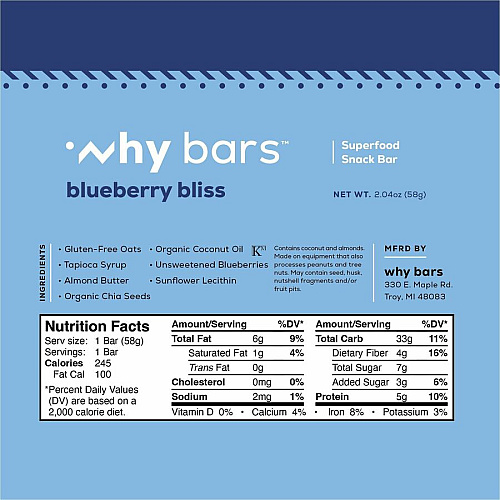 Why Bars Superfood Protein Snack Bars Gluten-free, Dairy-free, Soy-free, Non-GMO, Individually Wrapped - Blueberry Bliss - 2.04 oz - 12 / Pack (WB6)