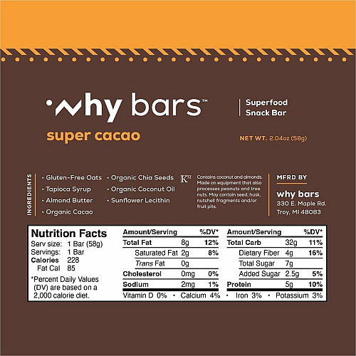 Why Bars Superfood Protein Snack Bars Gluten-free, Dairy-free, Soy-free, Non-GMO, Individually Wrapped - Super Cacao - 2.04 oz - 12 / Pack (WB1)