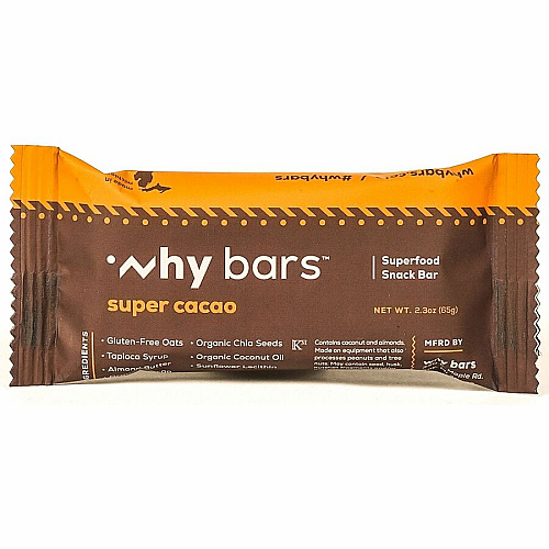 Why Bars Superfood Protein Snack Bars Gluten-free, Dairy-free, Soy-free, Non-GMO, Individually Wrapped - Super Cacao - 2.04 oz - 12 / Pack (WB1)